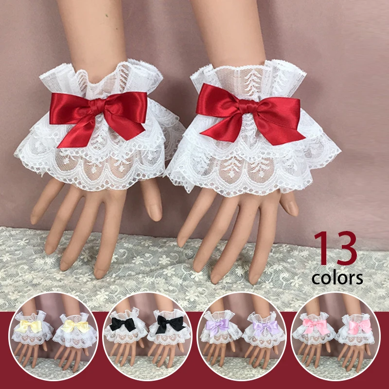 

Japan Style Sweet Lolita Hand Wrist Cuffs Bowknot Vintage Lace Trim Maid Cosplay Accessories For Women Girl Party Hand Sleeve