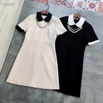 

HIGH STREET New Fashion 2020 Autumn Designer Runway Dress Women Peter pan Collar Diamonds Pearl Black / Beige Mini Dress
