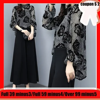 

2 Piece Sets Womens Summer Floral Print Flare Sleeve Long Top + Plus Size Black Pants Suit Elegant Women Vintage Sets