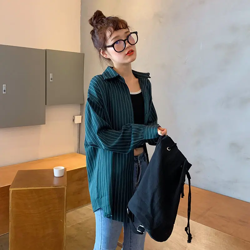 HziriP Green Striped Stylish Elegant Autumn Retro Office Lady Casual Loose Free Women Fashion Full-Sleeved Vintage Tops Shirts