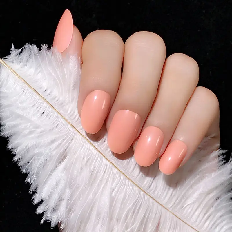 Pink Wedding False Nails Short Oval Impress Press On Fake Nails With Glue Sticker Artificial Plastics Full Cover Fingernails - Цвет: 26-004-4