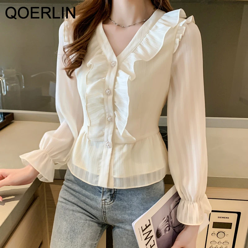 QOERLIN Women Ruffles Mesh Shirts 2022 Spring Sweet Lady V-Neck Fashion Elegant Blouse Long Sleeve Chiffon Shirt Top Female