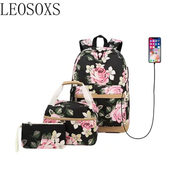 

New printed backpack female USB computer backpack student canvas bag three piece set