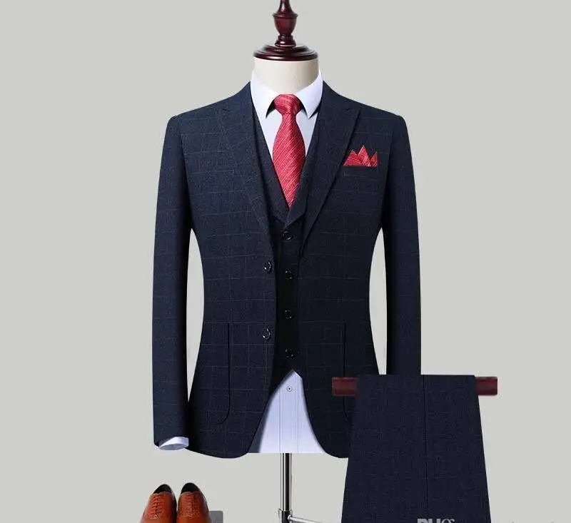 Три части темно-синий мужской костюм для мужчин Slim Fit Блейзер Свадебные смокинги на заказ костюм