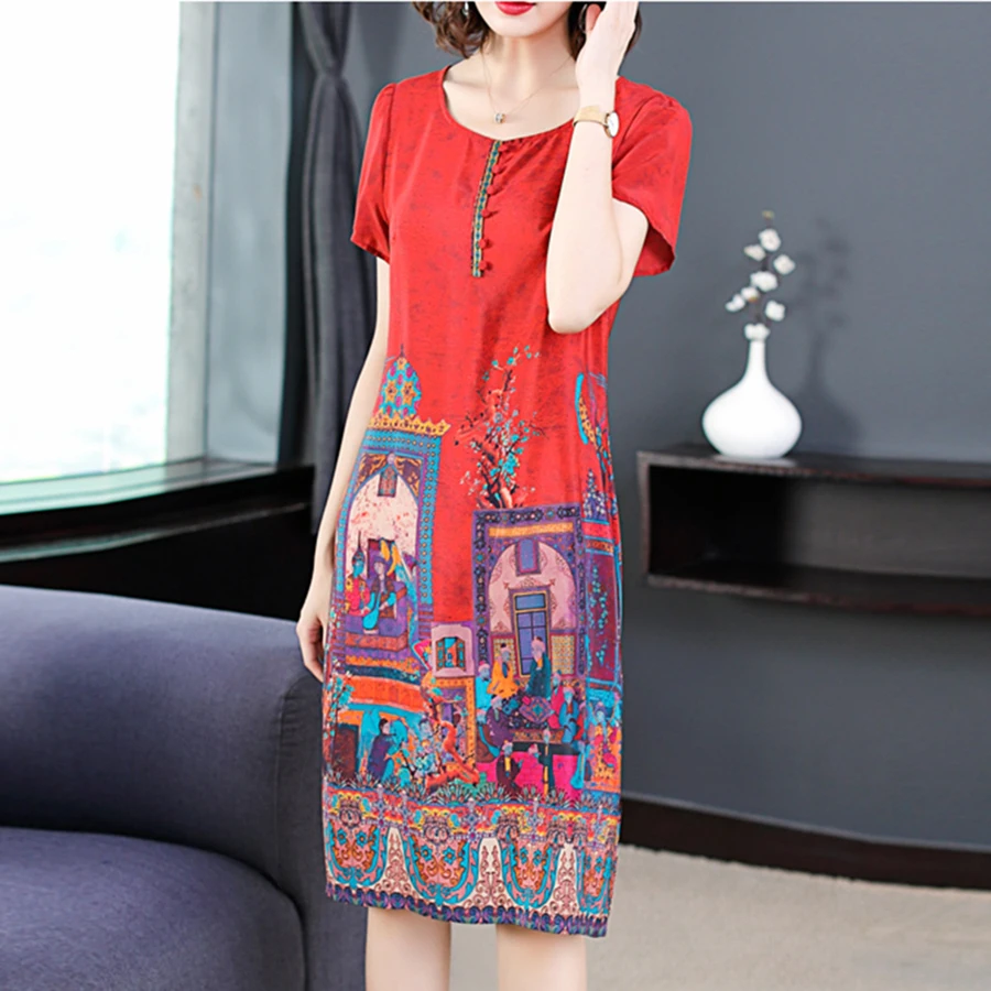 2021 Summer Silk Red Print High Quality Midi Dresses Fashion Vintage L 4XL Plus Size Runway