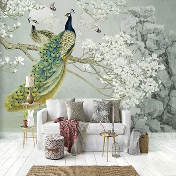 

Custom Photo Mural Wallpaper 3D Peacock Magnolia Flowers Wall Painting Study Living Room Background Home Decor Papel De Parede
