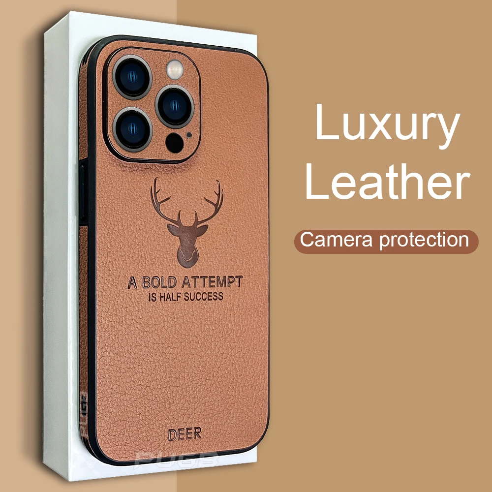 Luxury Leather Texture Square Frame Case For iPhone 11 12 13 Pro Max Mini X XR XS Deer Camera Protection Shockproof Phone Cover