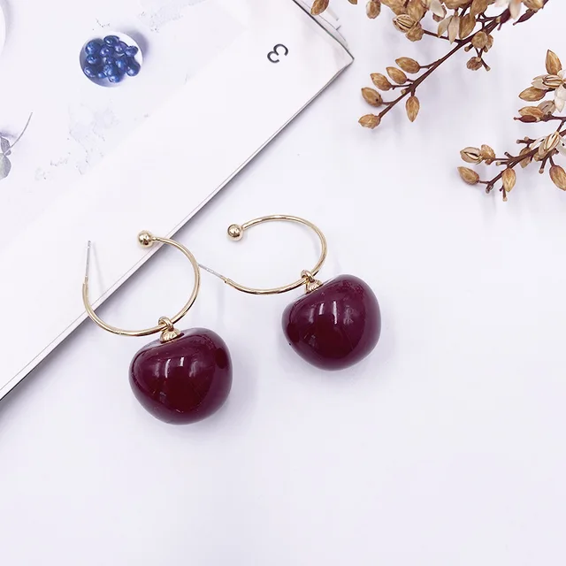 Korean Sweet Cherry Earrings Long statement Earrings for Women Acrylic Resin Colorful Fruit Dangle Earring Red Blue Pink Cherry wine red2