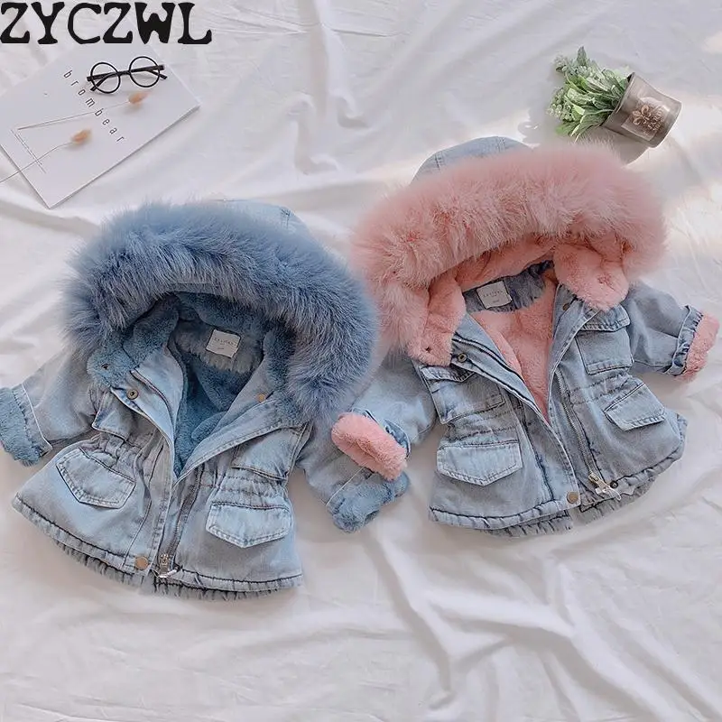 

2019 Winter Baby Girl Denim Jacket Plus Velvet Real Fur Warm Toddler Girl Outerwear Coat 1-4 Years Kids Infant Girl Parka