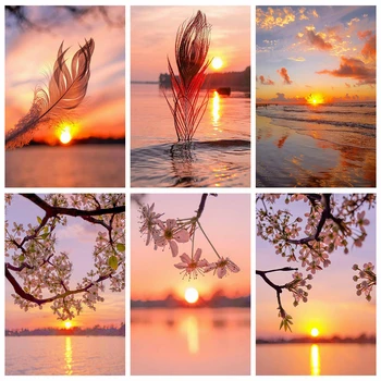 

HUACAN Full Square Diamond Painting Sunset Rhinestone Picture Diamond Embroidery Lake Cross Stitch Landscape Handicraft