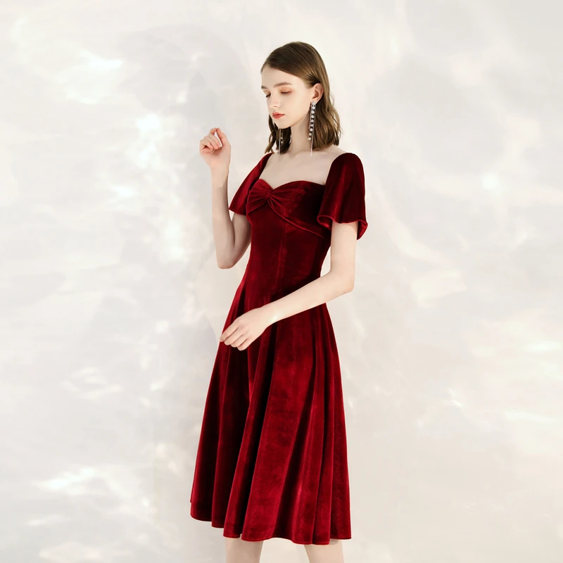 Customized Elegant Burgundy Velvet Short Sleeves Vestidos De