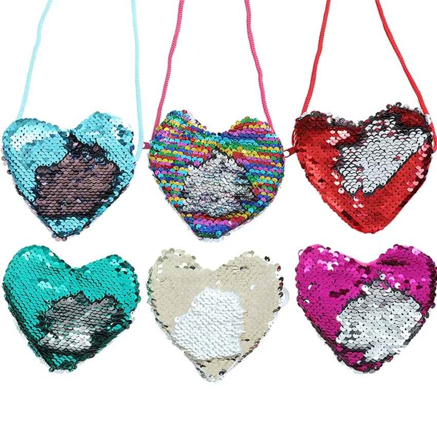 

100 PCS PER PACK New Mermaid Sequins Coin Purse Two-color Sequins Single Children's Lanyard Sequins Small Heart-shaped Bag