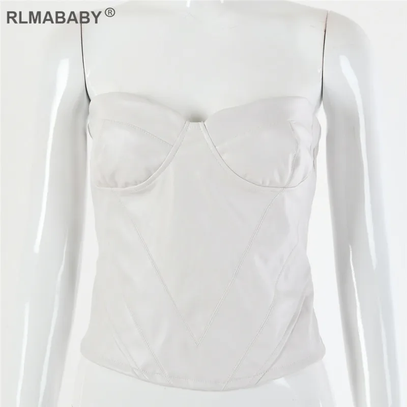 RLMABABY/Белый Топ без бретелек из искусственной кожи, бюстье с металлической молнией, женский короткий топ, повседневное ночное сексуальное для вечеринок, топы на бретельках