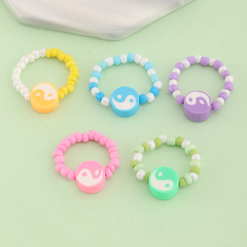 5 Pcs/Set Bohemian Colorful Millet Beads Soft Pottery Eight Diagram Ring Women's Five Finger Decoration Jewelry Accessories Gift |