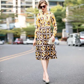 

Xiaomoli Circular connection printing retro style printing pleated A-line dress women's new in spring and summer 2020