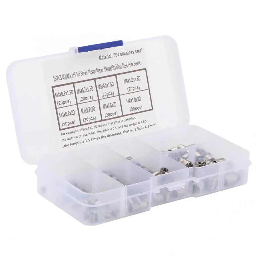 Screw Sleeve Sturdy Durable 160pcs M3//M 4//M5//M6 Coiled Wire Thread Repair Insert Stainless Steel Thread Screws Sleeve Set