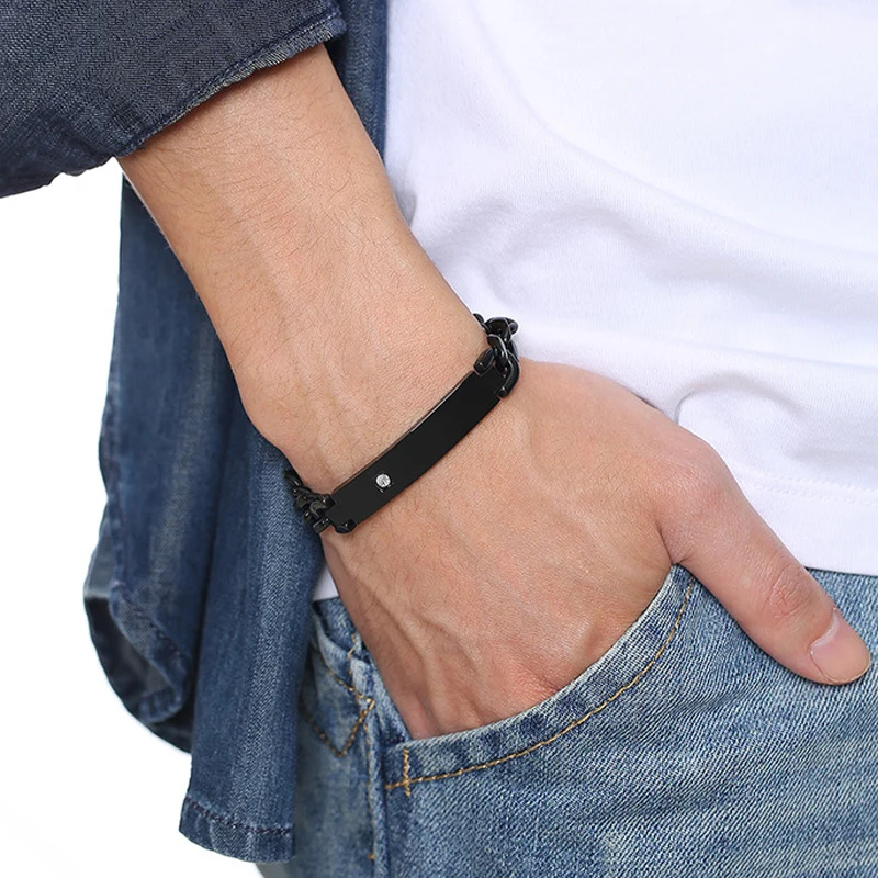 Black Stainless Steel Crystal Bracelet Curb Cuban Chain Smooth Bar ID Bracelets for Men Women Bangles