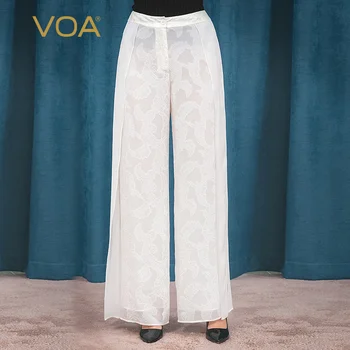 

VOA tea white woman silk wide-leg pants embroidery Joey mid-waist Button stitching loose breathable pants women K1158