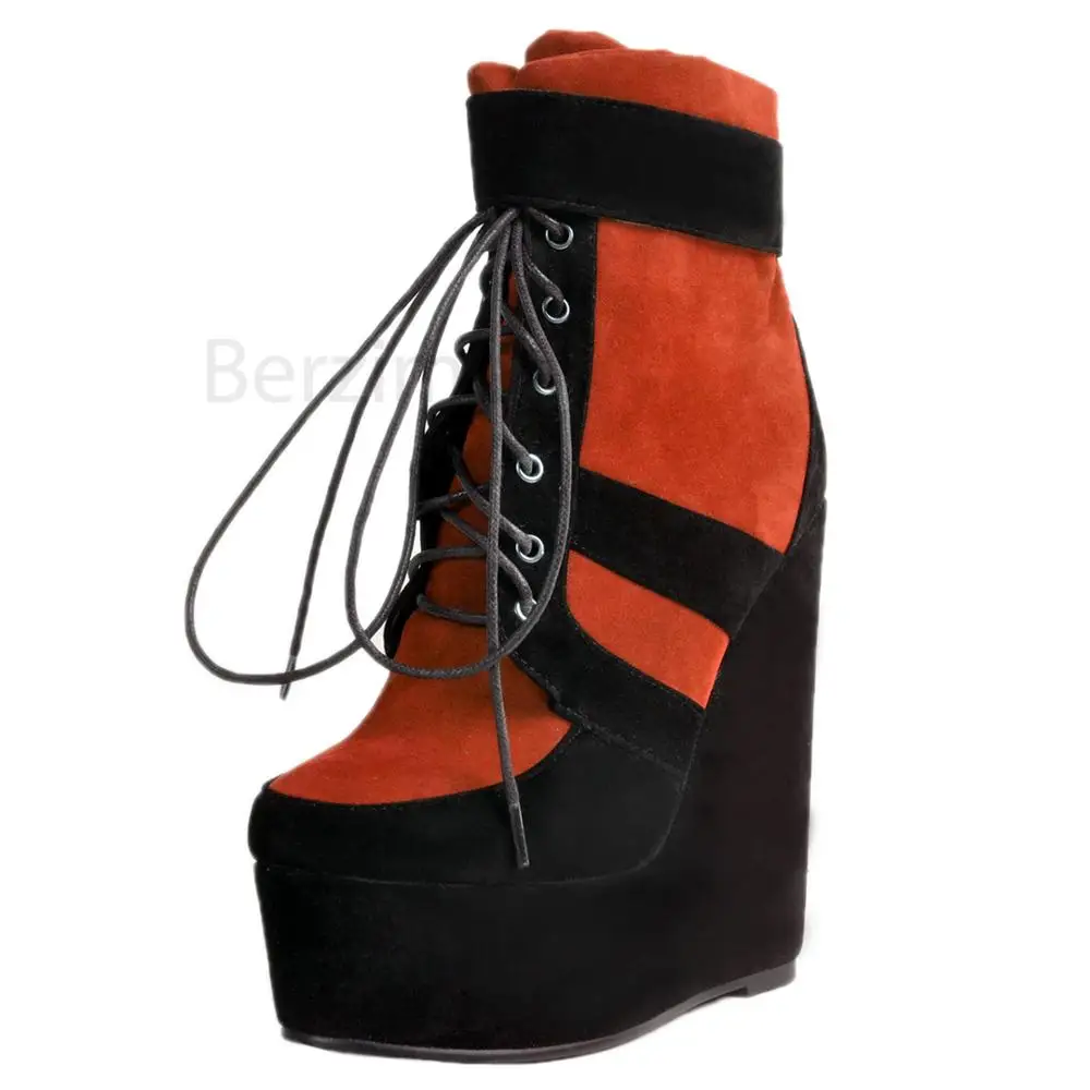 LF211 Black BERZIMER/женские ботильоны на танкетке; ботинки из искусственной замши; обувь для увеличения роста; женская обувь; размер 48, 49, 50, 52 - Цвет: LF211 Black