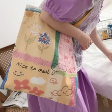 Cheerful Hand Painted Women Canvas Shoulder Bags Cotton Cloth Fabric Handbag Casual Tote Books Bag Cute Shopping Bags For Girls