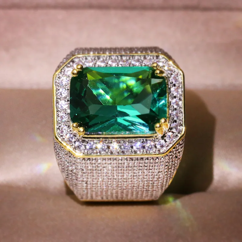 14K Yellow Gold Color Natural Emerald Ring for Men Green Gemstone AAA Zircon Jewelry Setting Ring for gold rings,gemstone ring,golden ring,emerald gemstone ring,natural stone ring