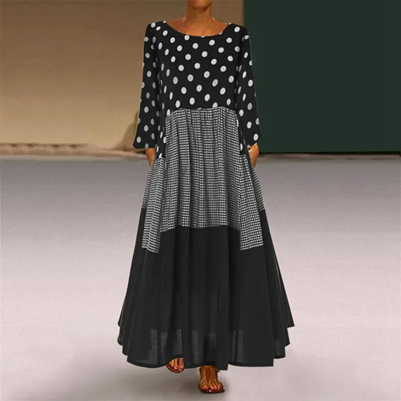 Online Mferlier Chic otoño vestido de las señoras cuello redondo de manga larga punto Plaid Patchwork Delgado tallas grandes 8XL 7XL 6XL 5XL 4XL negro A Line vestido