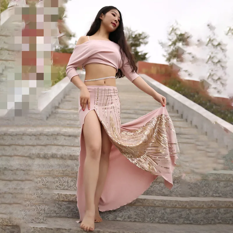 A-2pcs Korean pink Новая Одежда для танцев, костюм, осенняя и зимняя юбка для танца живота, Раздельный топ с открытыми плечами и рукавами, юбка для девушек, сексуальные костюмы - Цвет: A-2pcs Korean pink