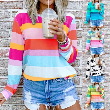 

2020 New Summer Autumn Women Casual Tie-Dye Striped Top Women O Neck Long Sleeve Tops Color Stripe Printed T-shirt Dropshipping