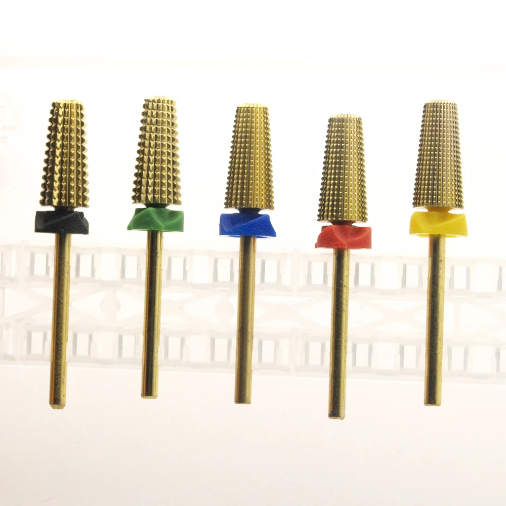 Gold Safety 5 in 1 Fine Nail Drill Bit With Cut Tungsten Carbide Tapered Nail Bits Nails Accessories Milling Cutter For Manicure safety tungsten steel 5 in 1 left right hand carbide nail drill bits nails electric drill manicure pedicure tool burs dropship