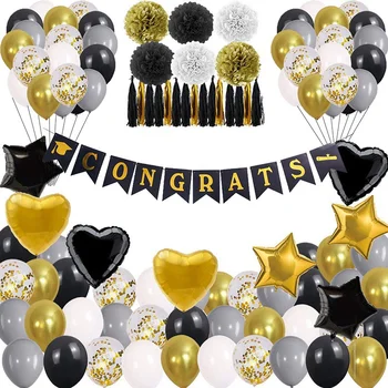 

Hot Sale Graduation Party Set Graduation Pull Flag Graduation Gold White and Black Balloon Combination Graduation Decoration