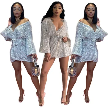 

BacklakeGirls Shining Sequined Sexy Deep V Neck Long Sleeve Cocktail Dress Belt Design Short Night Club Dress Robe De Cocktail