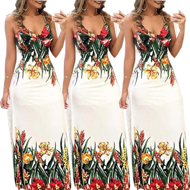 

Summer Women Boho Floral Printed Dresses Fashion Sleeveless Backless V-Neck Long Maxi Sundress Beach Size S-L Gift Hot