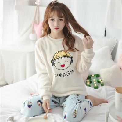

Pajamas Female Winter Korean-style Long Sleeve Cute Cartoon Small Balls Coral Velvet Sweet Princess Flannel Homewear Set