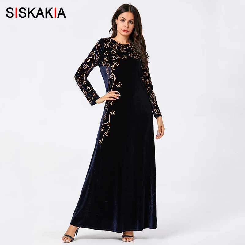 Siskakia вельветовое длинное платье темно-синего цвета, элегантное этническое платье с вышивкой размера плюс, мусульманское зимнее платье с длинным рукавом, повседневная одежда, новинка - Цвет: Navy Blue dress