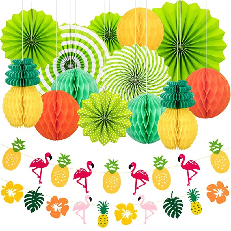 Fans Pineapple set Тропический Розовый фламинго вечерние вафельная ткань декоративная ткань бумажный веер в виде цветка Бумага фонари для Гавайский Летний пляж Луау Вечерние - Цвет: Fans Pineapple set