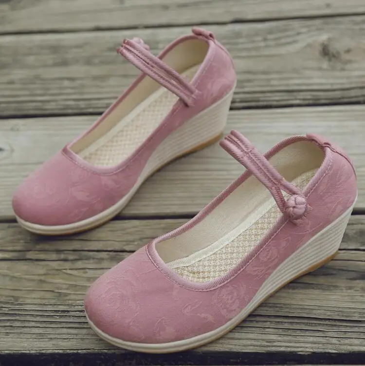 Chinese Style Button Strap Wedge Pumps for Women Retro Cotton Summer Shoes Ladies Dress Espadrilles Vintage Female Sandals