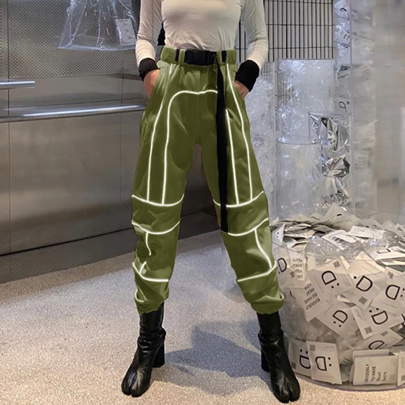 

Autumn 2019 Reflective Cargo Pants Women Patchwork Casual Loose Overalls with Belt Cool Streetwear Female Trousers Sweatpants