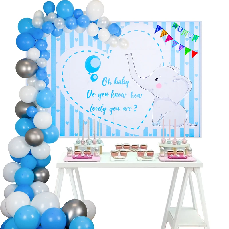 

Baby Shower Boy Decorations Silvery/Blue Balloon Arch Baby Shower Boy Elephant fabric Background Photography