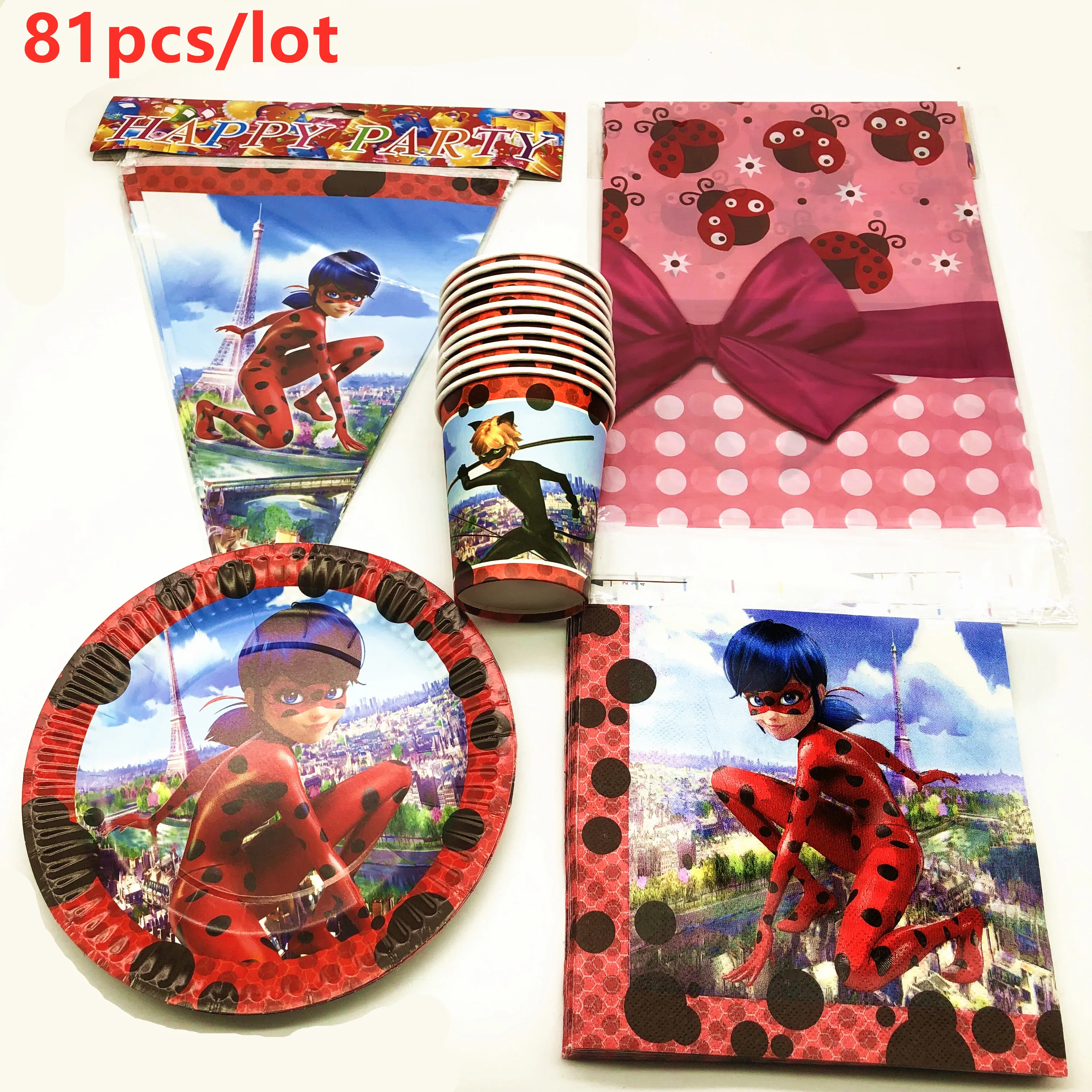

Ladybug Theme Cartoon Disposable Tableware 81Pcs kids Birthday Party Paper Cups+Plates+Napkins+Flags Sets Party Supplies