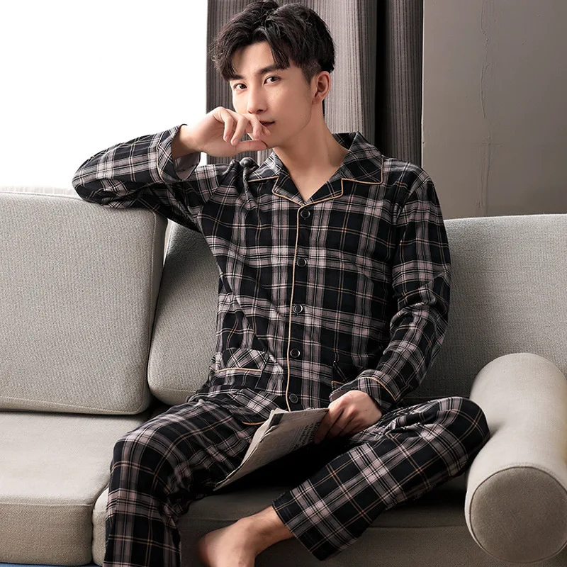 

Men's Pajamas Long-sleeved Pure Cotton Thin Section Korean Plaid Cotton Silk Summer Home Service Suit Pijama Hombre Verano 2020