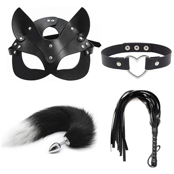 Cosplay whip eye mask metal anal plug tail sexy half face mask BDSM erotic anal plug couple sex toys stage performance props 2