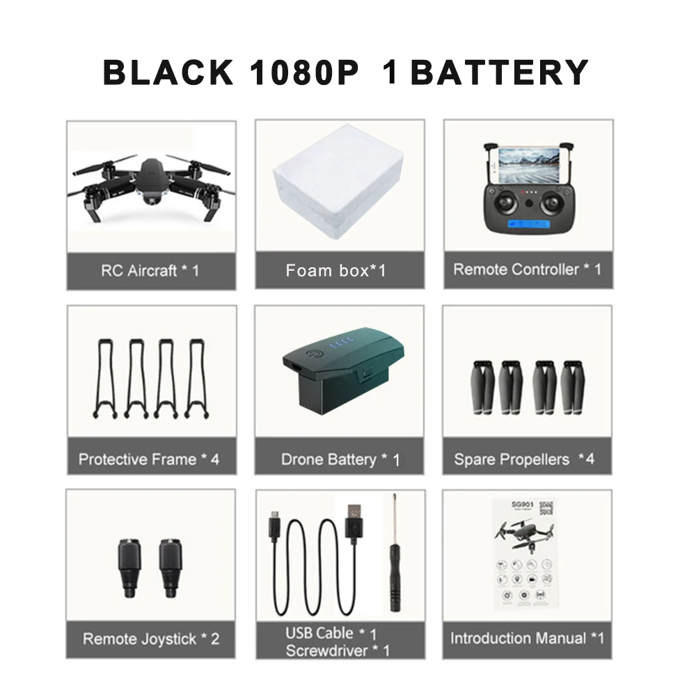1080P 1B Black Дрон для камеры SG901 4K 1080P HD Двойная камера слежения за мной Квадрокоптер Дрон камера FPV Профессиональные с GPS с длительным сроком службы батареи - Цвет: 1080P 1B Black