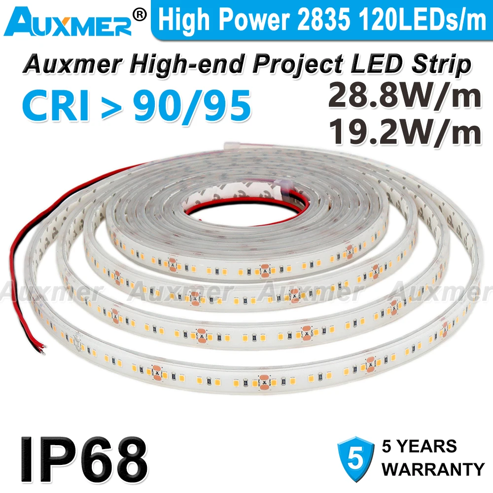 High Power 2835 LED Strip Lights 120LEDs/m,IP68 LED Strip,CRI95/90,DC12V/24V Outdoor Waterproof,Silicone waterproof,28.8/19.2W/m