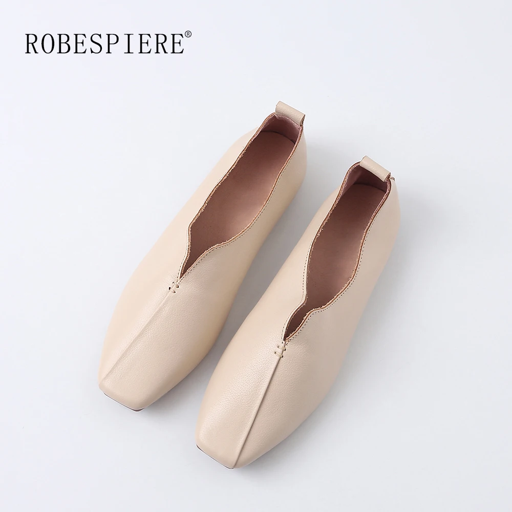 

ROBESPIERE Genuine Leather Women's Flats New Deep V Square Toe Slip On Loafers Shoes Woman Low Heels Shallow Casual Flats A49