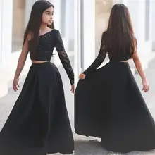 Детское черное платье принцессы на одно плечо с длинными рукавами, украшенное бисером; платье с цветочным узором для девочек; платье для свадьбы, дня рождения, крещения; Vestido