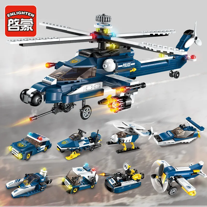 

ENLIGHTEN 1801 Military 8-in-1 Storm Armed Helicopter Educational DIY Assembled Unit Blocks on Wheels Boy Plane Toy