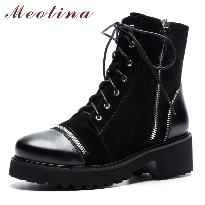 

Meotina Winter Motorcycle Boots Women Cow Suede Thick Heels Ankle Boots Real Leather Zipper Round Toe Shoes Lady Autumn Size 39