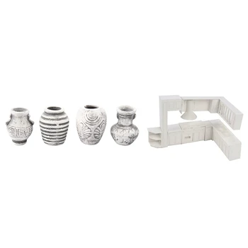 

2 Set Doll House Accessories: 1 Set Vintage Porcelain Ceramic Totem Vase Flower Pots & 1 Set House Cabinet Kitchen Molds