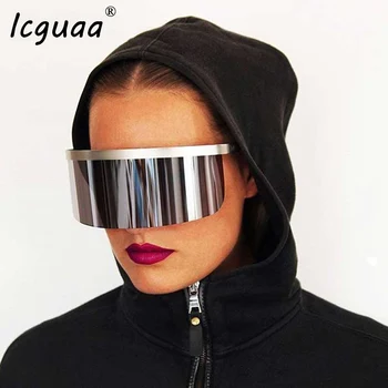 

Oversized Sunglasses women 2019 Mirrored Mask Shape Shield Style Men Women Windproof One Large Rimless Lens Sun Glasses