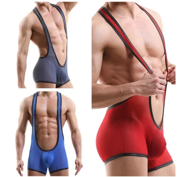 

Breathable Men Sexy Mesh Bodysuit Jockstrap Underwear Wrestling Singlet Suspender Teddies Stretch Boxer Shorts Backless Leotard